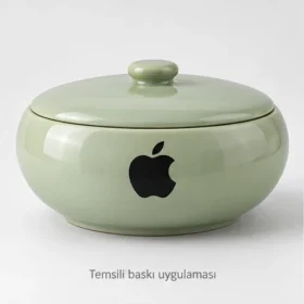Abant Kapaklı Servis Kasesi: Apple logosuyla dış yüzeyde temsili baskı uygulaması; gerçek müşteri işi veya marka onayı değildir