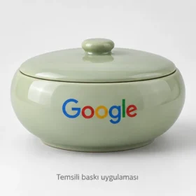 Abant Kapaklı Servis Kasesi: Google logosuyla dış yüzeyde temsili baskı uygulaması; gerçek müşteri işi veya marka onayı değildir