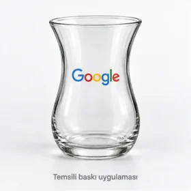 Google logosunun Emirgan cam çay bardağı üzerinde temsili baskı uygulaması; gerçek müşteri işi veya marka onayı değildir