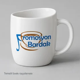Enez Asimetrik Ağızlı Porselen Kupa: Promosyon Bardak logosunun dış yüzeyde temsili baskı uygulaması; üretilmiş numune veya gerçek müşteri siparişi fotoğrafı değildir.