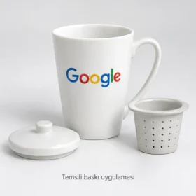 Foça Süzgeçli Porselen Çay Kupası: Google logosuyla dış yüzeyde temsili baskı uygulaması; gerçek müşteri işi veya marka onayı değildir