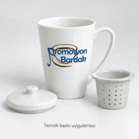 Foça Süzgeçli Porselen Çay Kupası: Promosyon Bardak logosuyla dış yüzeyde temsili baskı uygulaması