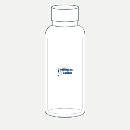 Kuşadası Glass Water Bottle with Cap – schematic logo on the exterior wall, smaller logo