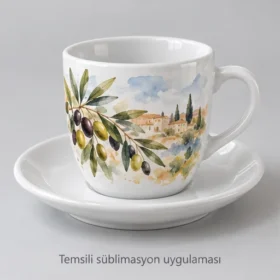 Mardin Süblimasyon Tabaklı Espresso Fincanı – suluboya ve renk geçişi ile temsili süblimasyon uygulaması