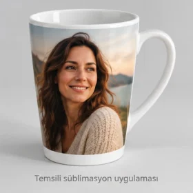 Patara Süblimasyon Latte Kupası – kurgusal yetişkin portresi ile temsili süblimasyon uygulaması
