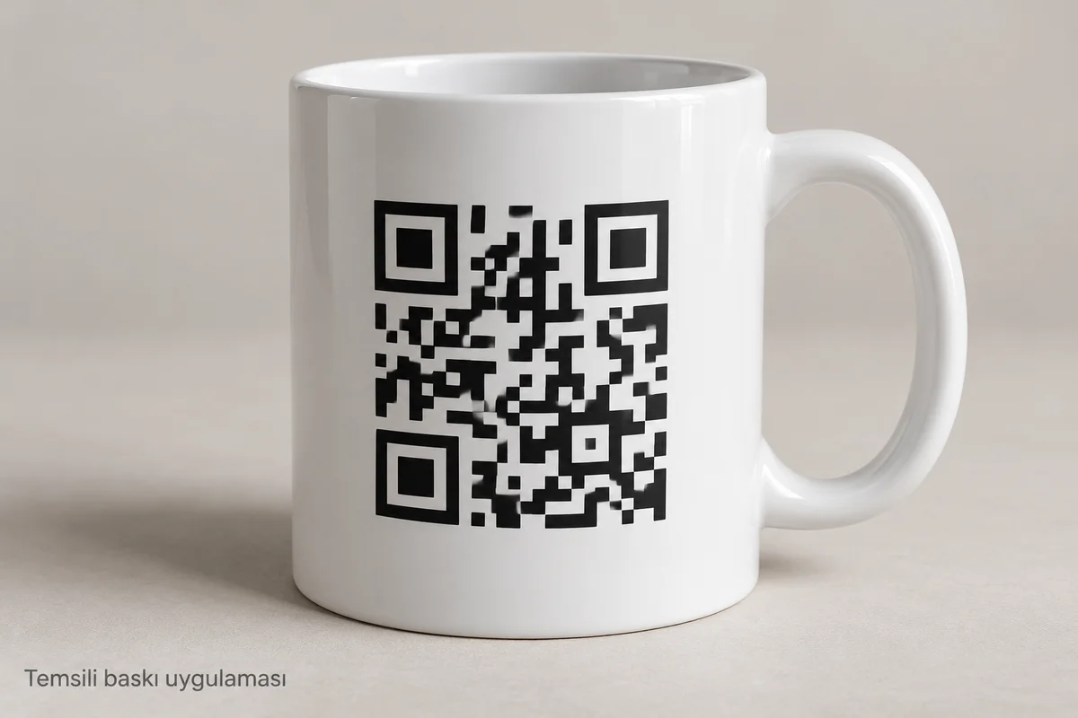Illustrative black QR-pattern print on a white ceramic mug