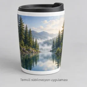 Saros Süblimasyon Kapaklı Seramik Seyahat Bardağı – doğa panoraması ile temsili süblimasyon uygulaması