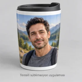Saros Süblimasyon Kapaklı Seramik Seyahat Bardağı – kurgusal yetişkin portresi ile temsili süblimasyon uygulaması