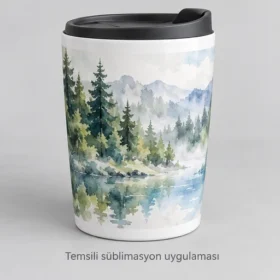 Saros Süblimasyon Kapaklı Seramik Seyahat Bardağı – suluboya ve renk geçişi ile temsili süblimasyon uygulaması