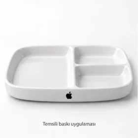 Ürgüp Bölmeli Kahvaltı Tabağı dış duvarında Apple logosuyla temsili baskı uygulaması; gerçek müşteri işi veya marka onayı değildir