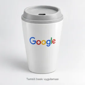 Urla Kapaklı Porselen Seyahat Kupası: Google logosuyla dış yüzeyde temsili baskı uygulaması; gerçek müşteri işi veya marka onayı değildir